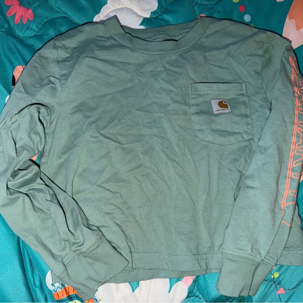 Carhartt Seafoam Pocket Long Sleeve Tee with Pink Sleeve Script